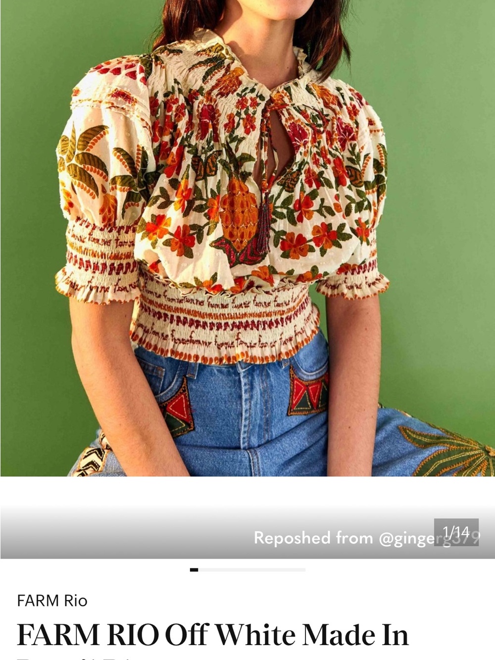 Farm RioWomen's Floral Smocked Peasant Top - White with Red & Green Floral Print - Picture 5 of 6